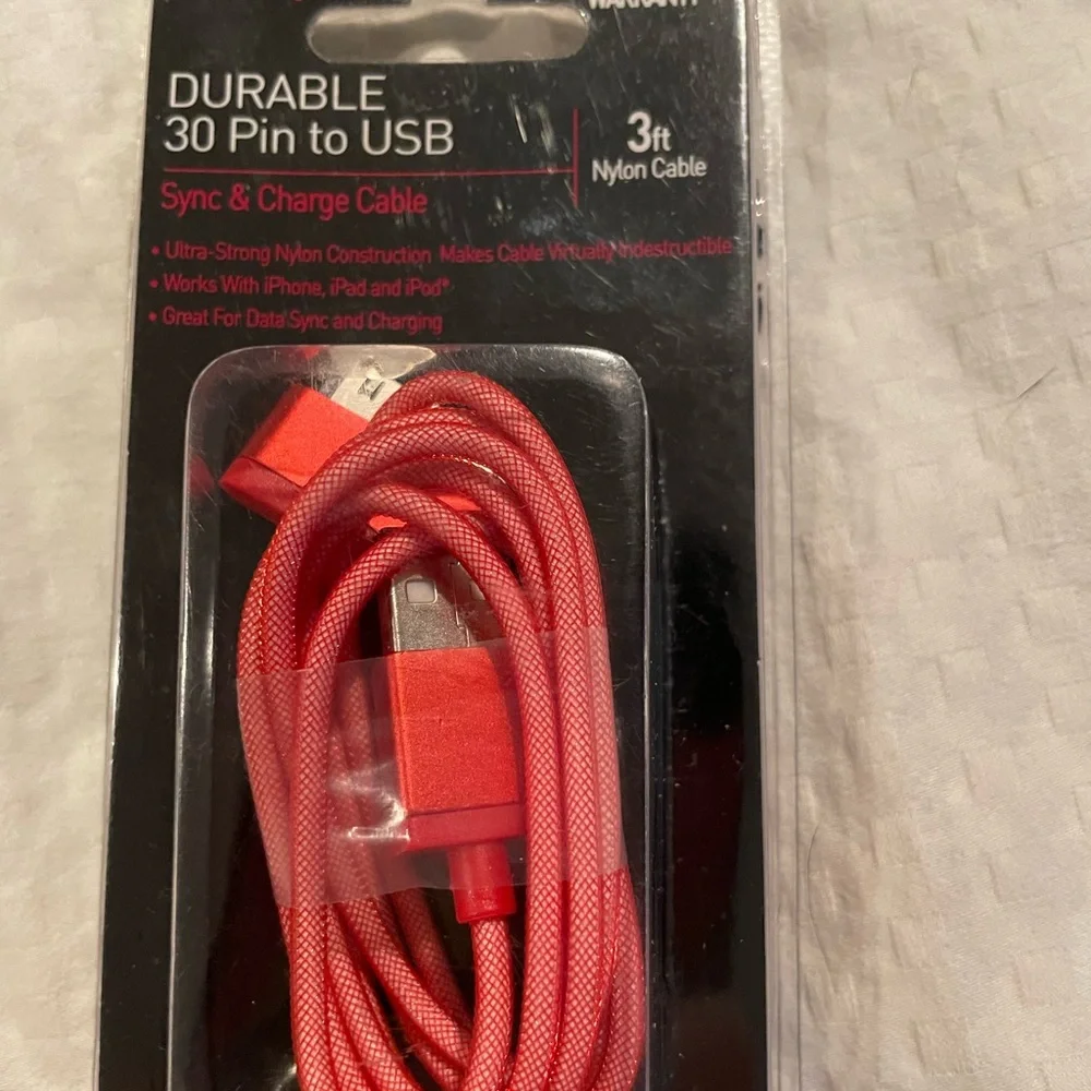 Durable Red 30 Pin to USB Sync & Charge Cable